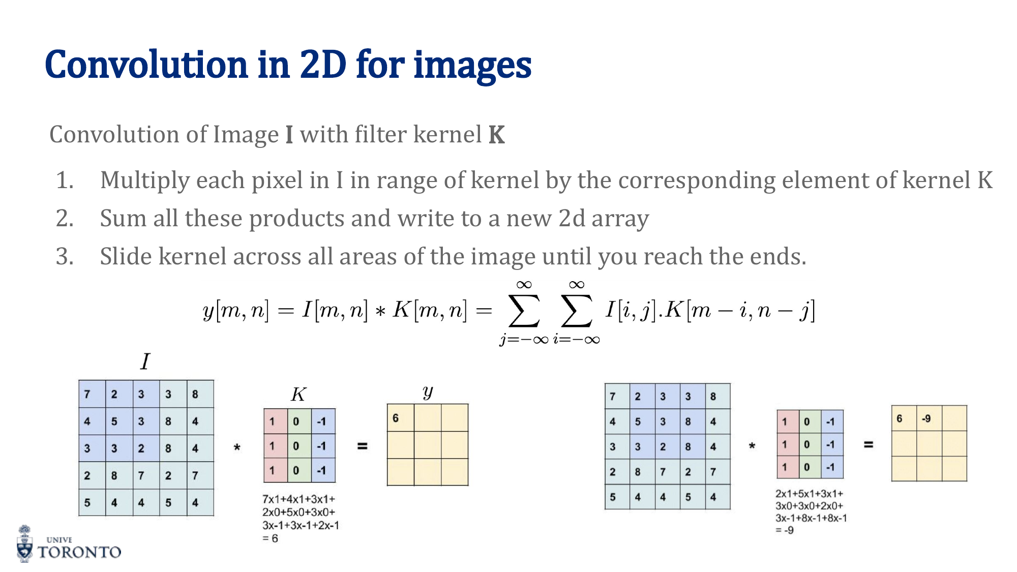 2D convolution calculation showing kernel sliding over input