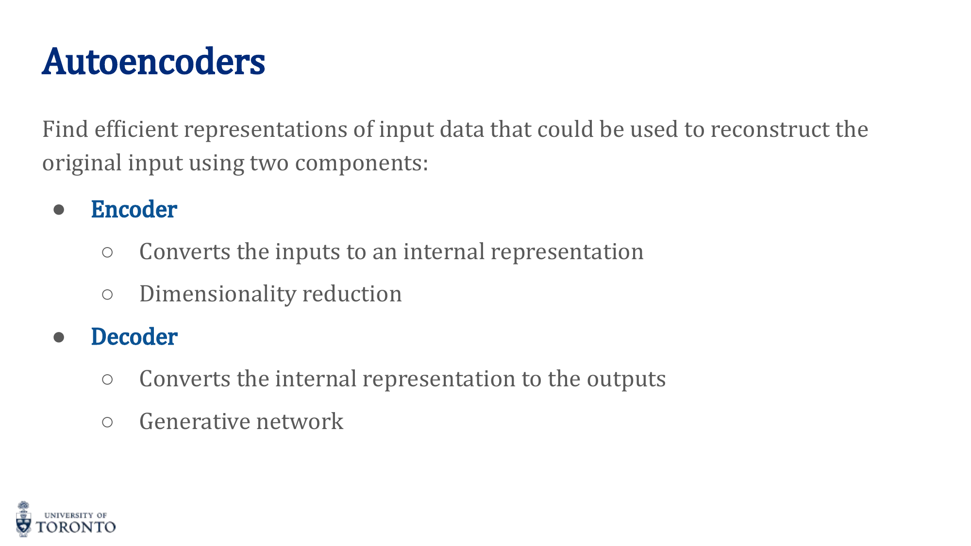 Autoencoder architecture with encoder, bottleneck, and decoder