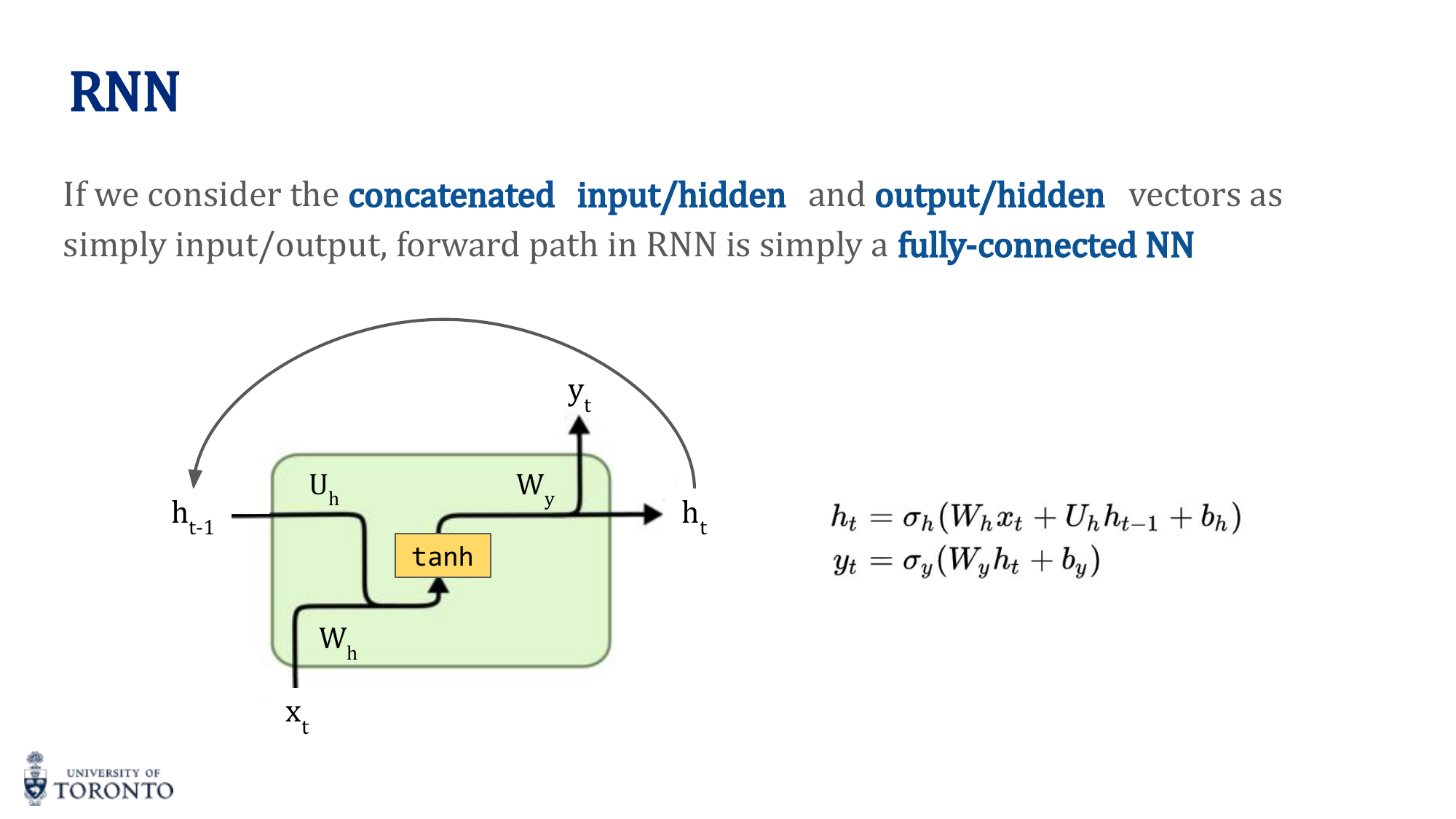 RNN cell diagram showing input, hidden state, and output